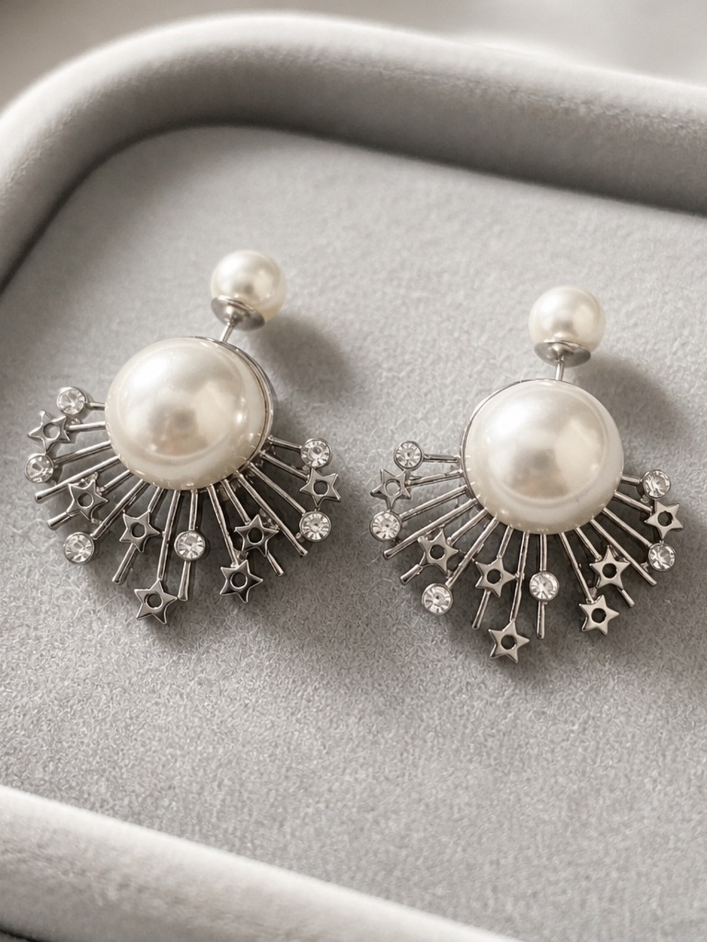 Vintage Pearl Sunburst Star Drop Earrings - White & Silver